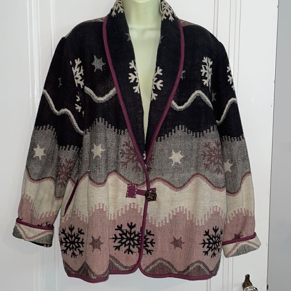 Vtg 90s Flashback‎ black, cream & pink cottage Indian blanket coat/snowflakes